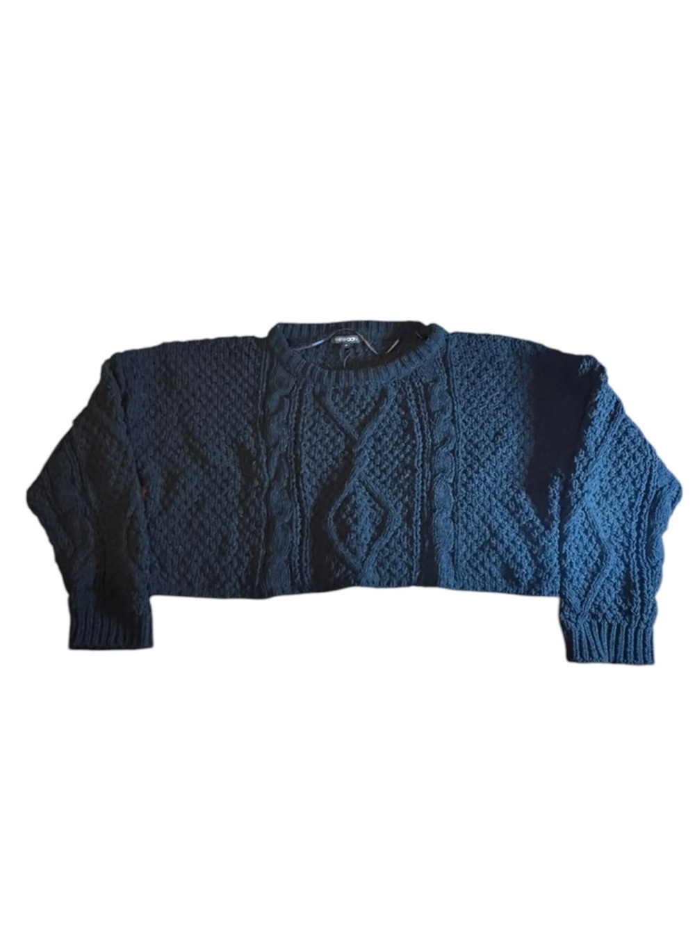 Papermoon Black Boucle Cable Knit Cropped Crewneck Sweater